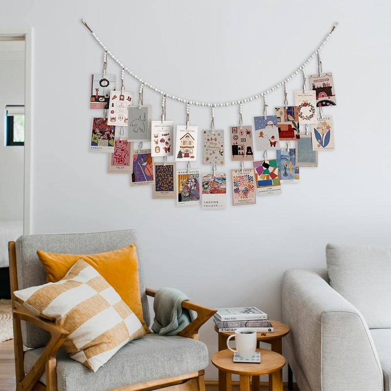 Kintyno Hanging Photo Display with 22 Clips, White Wooden Bead Garland, Boho Style Collage Photo Frame Decoration for Dorms, Classrooms, Bedrooms - Image 2